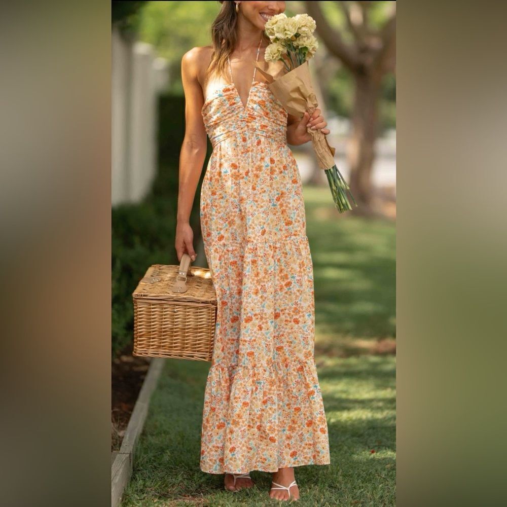 Toperth Bohemian Floral Halter Maxi Dress